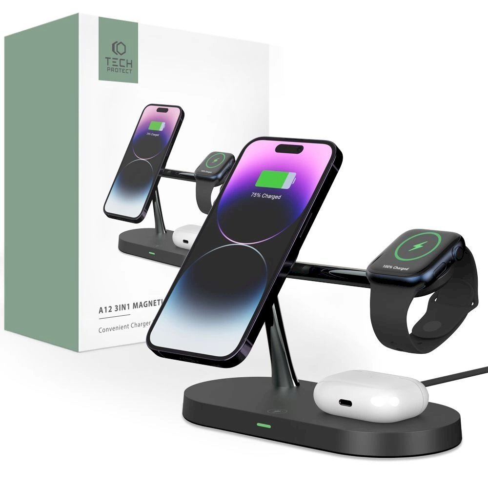Tech-Protect A12 3in1 MagSafe inductive Įkroviklis smartphone / Ausinės / smartwatch - Juodas Tech-Protect A12 3in1 MagSafe inductive Įkroviklis smartphone / Ausinės / smartwatch - Juodas