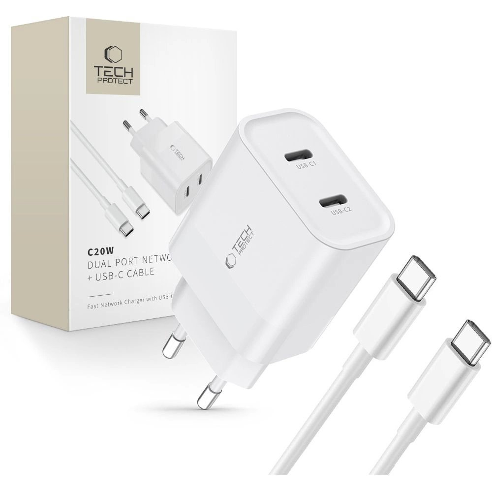 Tech-Protect C20W 2x USB-C PD 20W network Įkroviklis USB-C / USB-C Kabelis - baltas Tech-Protect C20W 2x USB-C PD 20W network Įkroviklis USB-C / USB-C Kabelis - baltas
