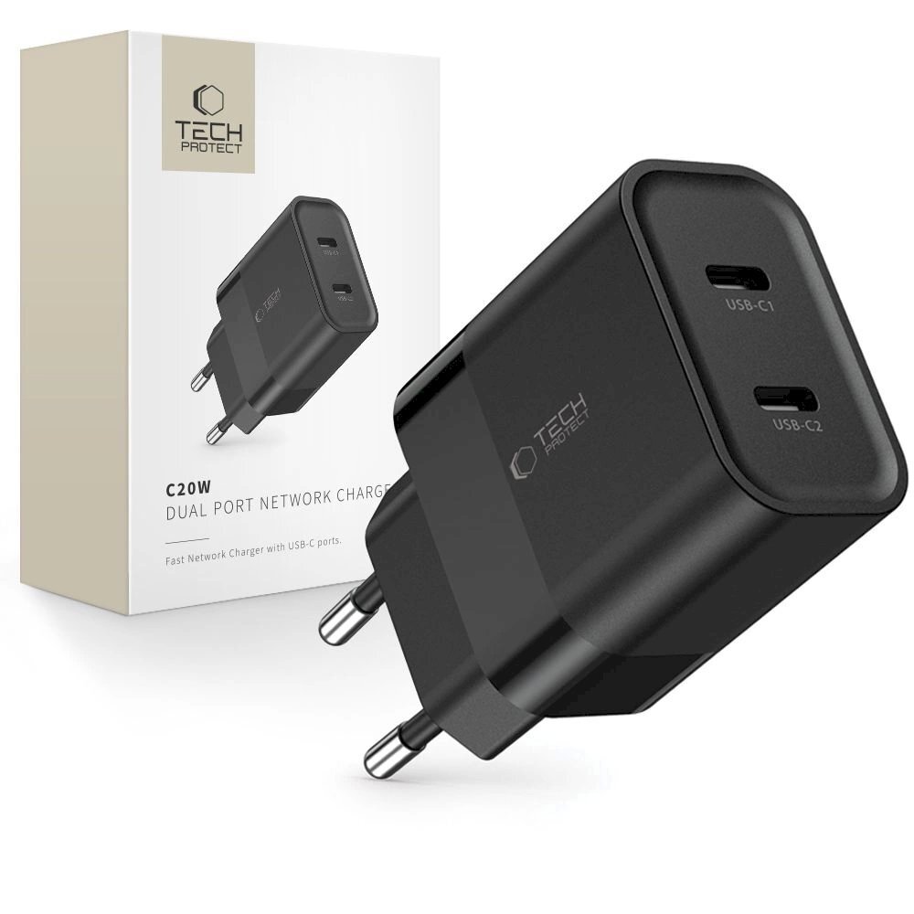 Tech-Protect C20W mains Įkroviklis 2x USB-C PD 20W - Juodas Tech-Protect C20W mains Įkroviklis 2x USB-C PD 20W - Juodas
