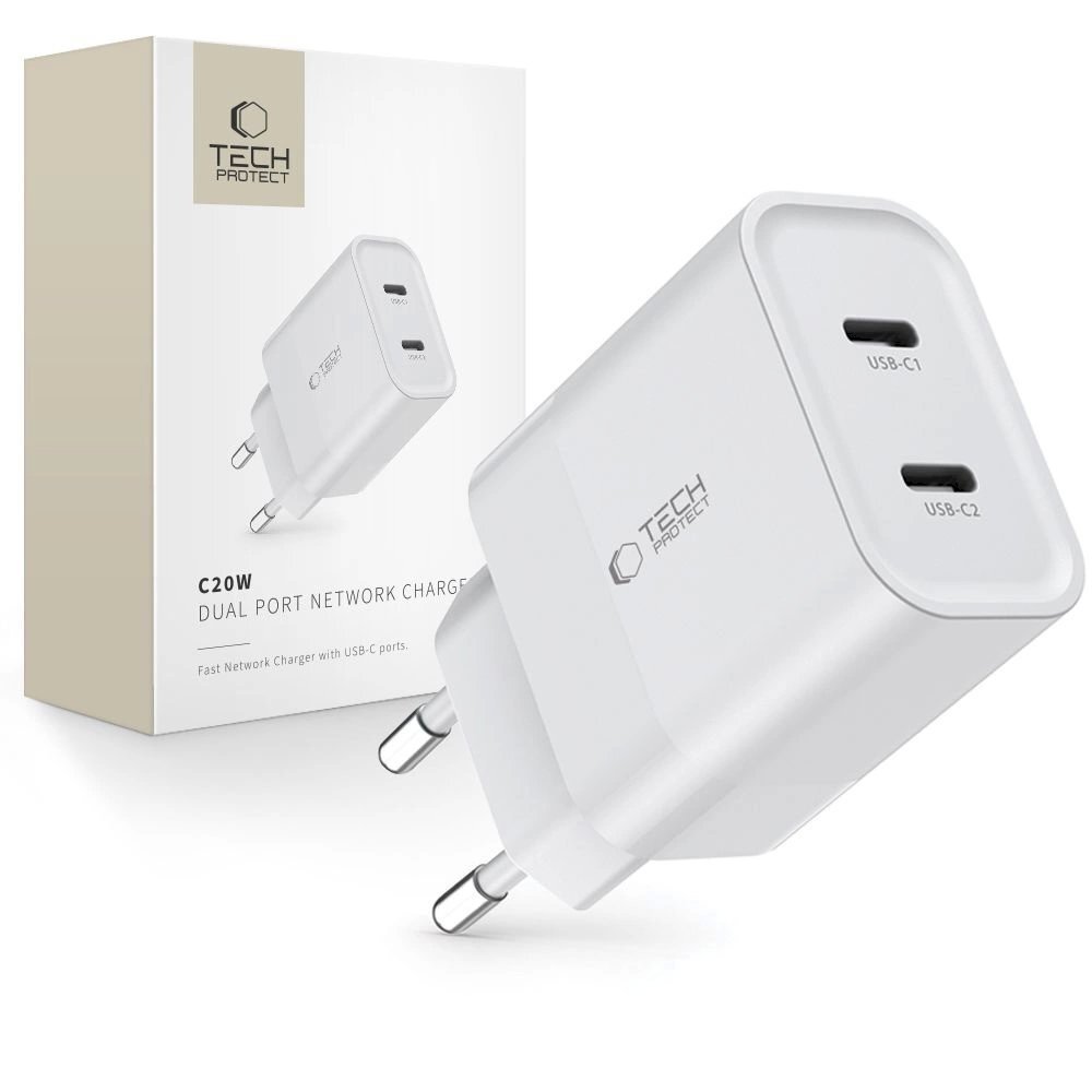 Tech-Protect C20W mains Įkroviklis 2x USB-C PD 20W - baltas Tech-Protect C20W mains Įkroviklis 2x USB-C PD 20W - baltas