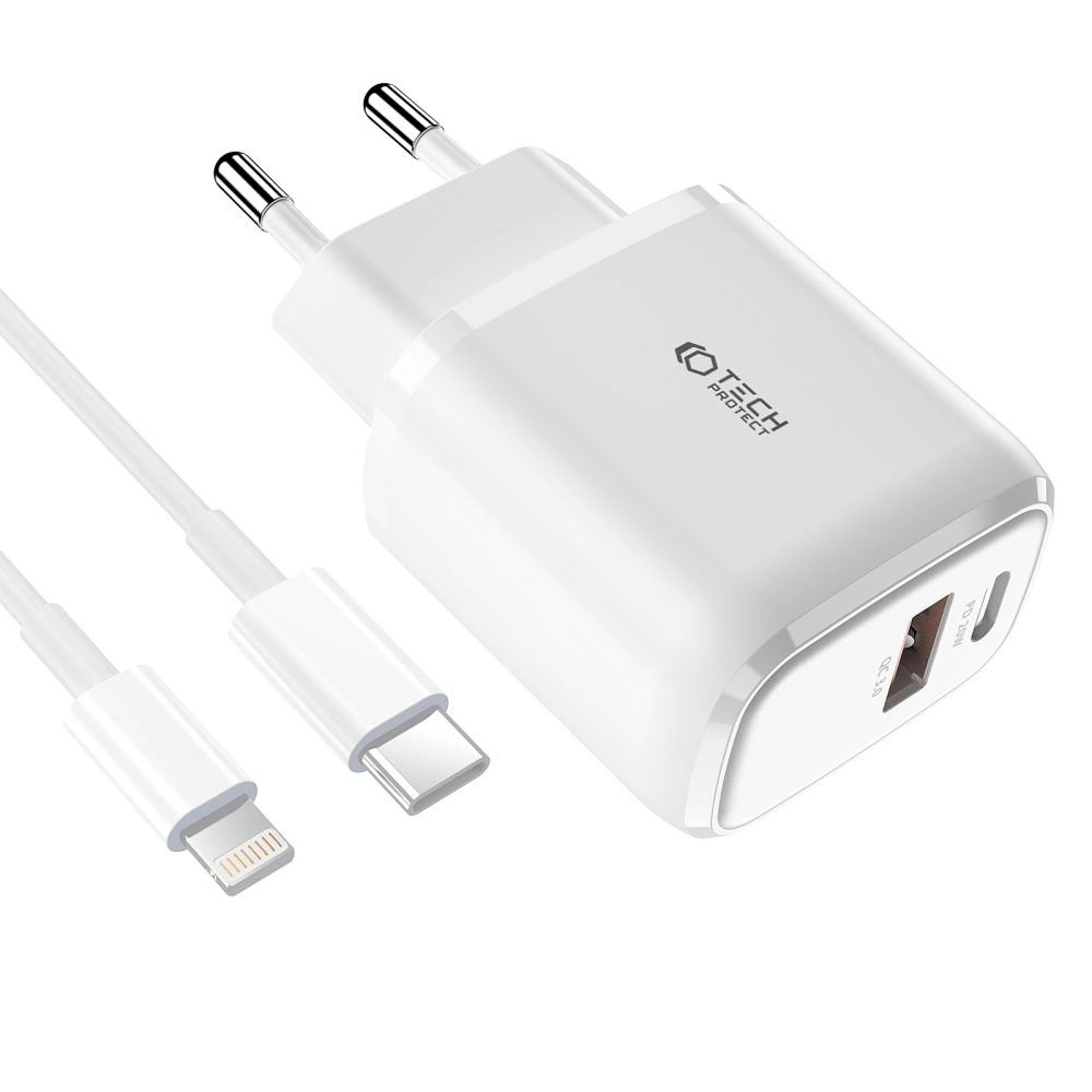 Tech-Protect C20W USB-C PD 20W / USB-A QC 3.0 network Įkroviklis USB-C / Lightning Kabelis - baltas 1 Tech-Protect C20W USB-C PD 20W / USB-A QC 3.0 network Įkroviklis USB-C / Lightning Kabelis - baltas 1