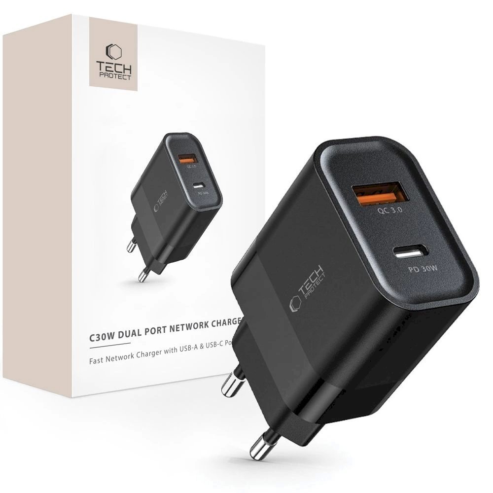Tech-Protect C30W USB-C PD 30W / USB-A QC 3.0 network Įkroviklis - Juodas Tech-Protect C30W USB-C PD 30W / USB-A QC 3.0 network Įkroviklis - Juodas