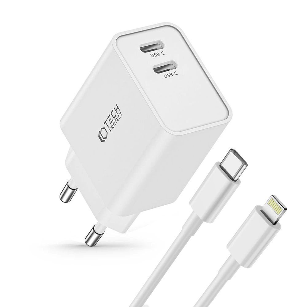 Tech-Protect C35W 2x USB-C PD 35W network Įkroviklis USB-C / Lightning Kabelis - baltas 1 Tech-Protect C35W 2x USB-C PD 35W network Įkroviklis USB-C / Lightning Kabelis - baltas 1