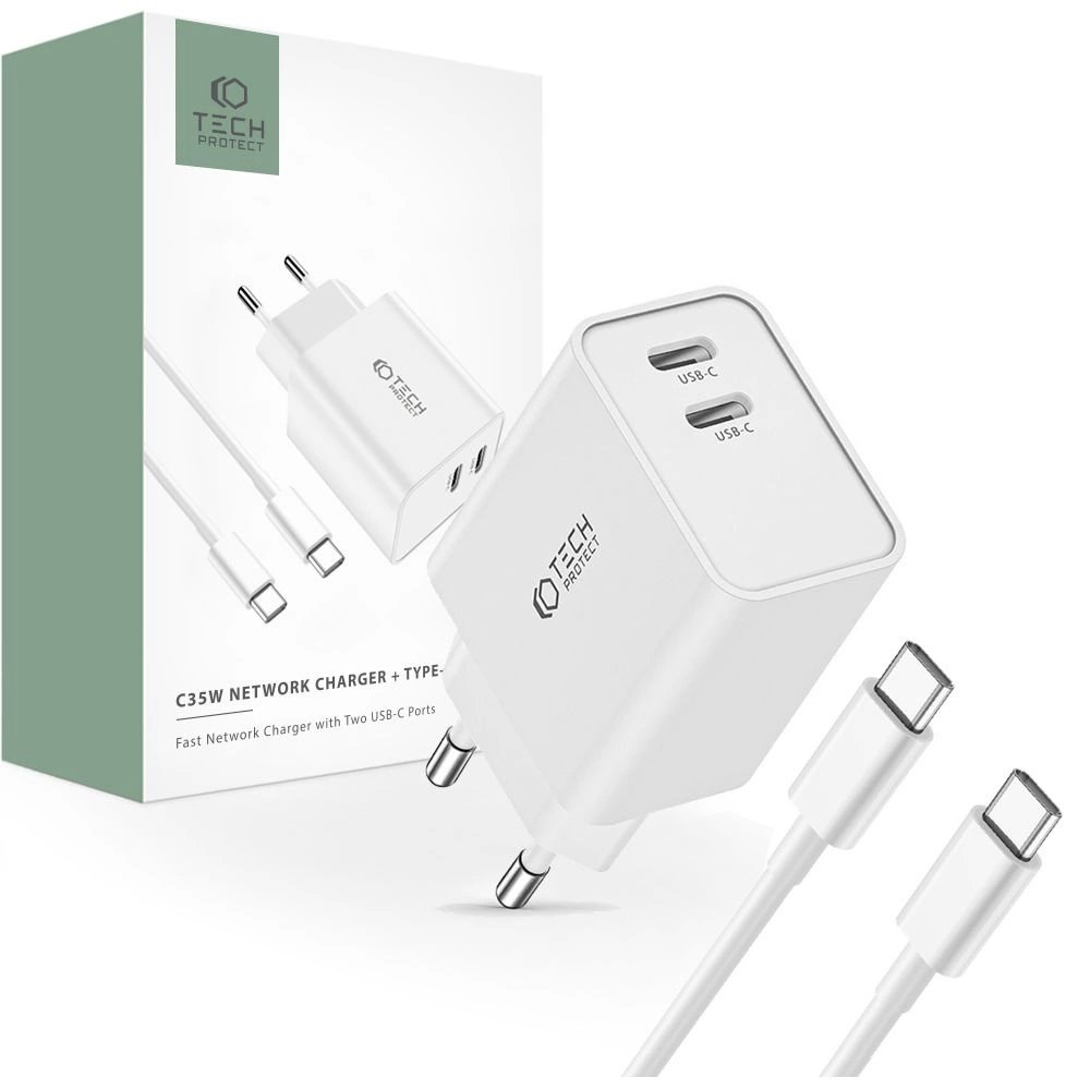 Tech-Protect C35W 2x USB-C PD 35W network Įkroviklis USB-C / USB-C Kabelis - baltas Tech-Protect C35W 2x USB-C PD 35W network Įkroviklis USB-C / USB-C Kabelis - baltas