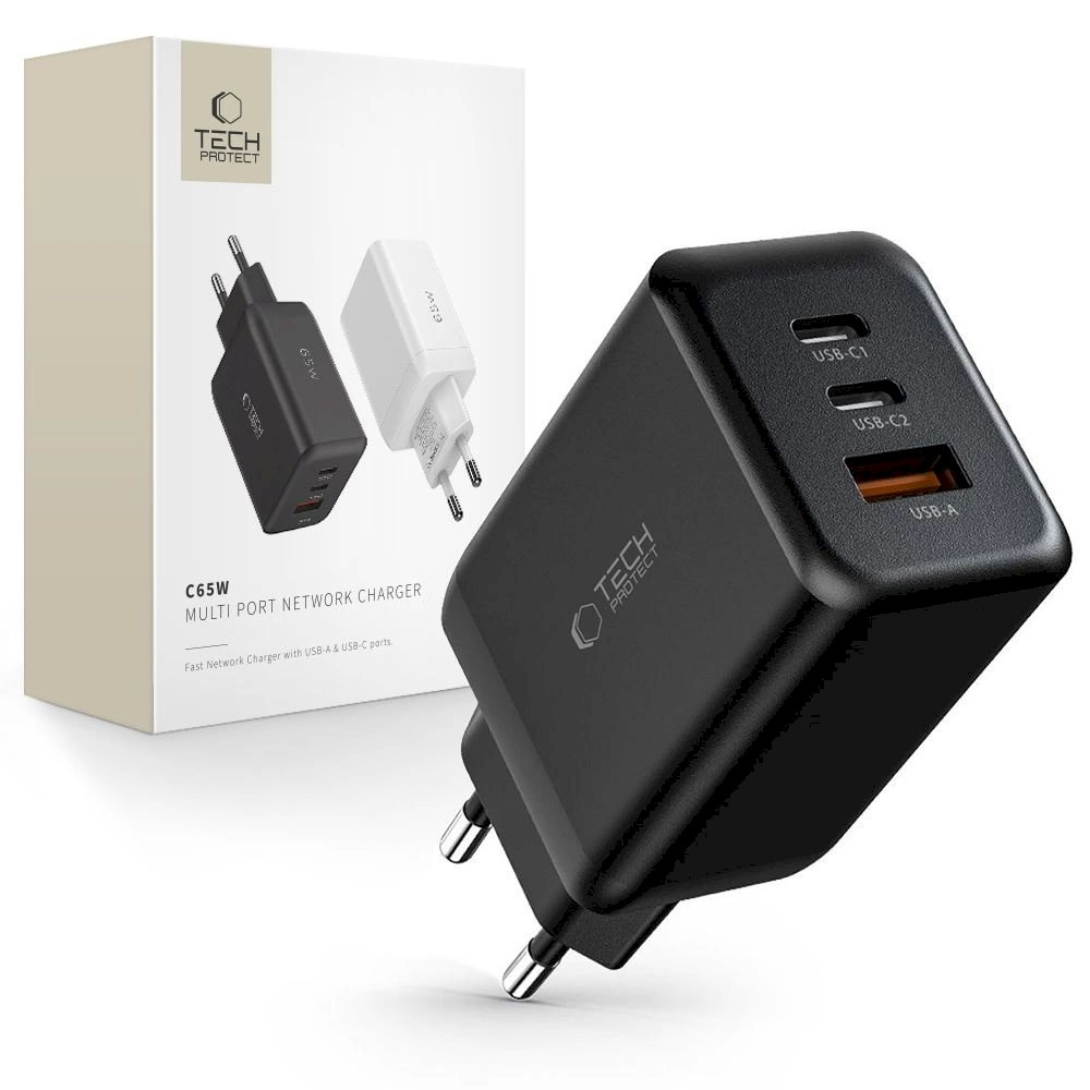 Tech-Protect C65W network Įkroviklis 2x USB-C PD 65W / USB-A QC 3.0 - Juodas Tech-Protect C65W network Įkroviklis 2x USB-C PD 65W / USB-A QC 3.0 - Juodas