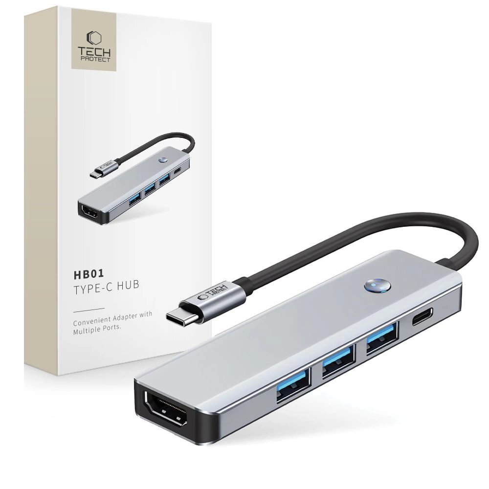 USB-C HUB adapteris Tech-Protect HB01 5in1 (USB3.0 + HDMI 4K 60Hz + PD100W) – pilkas