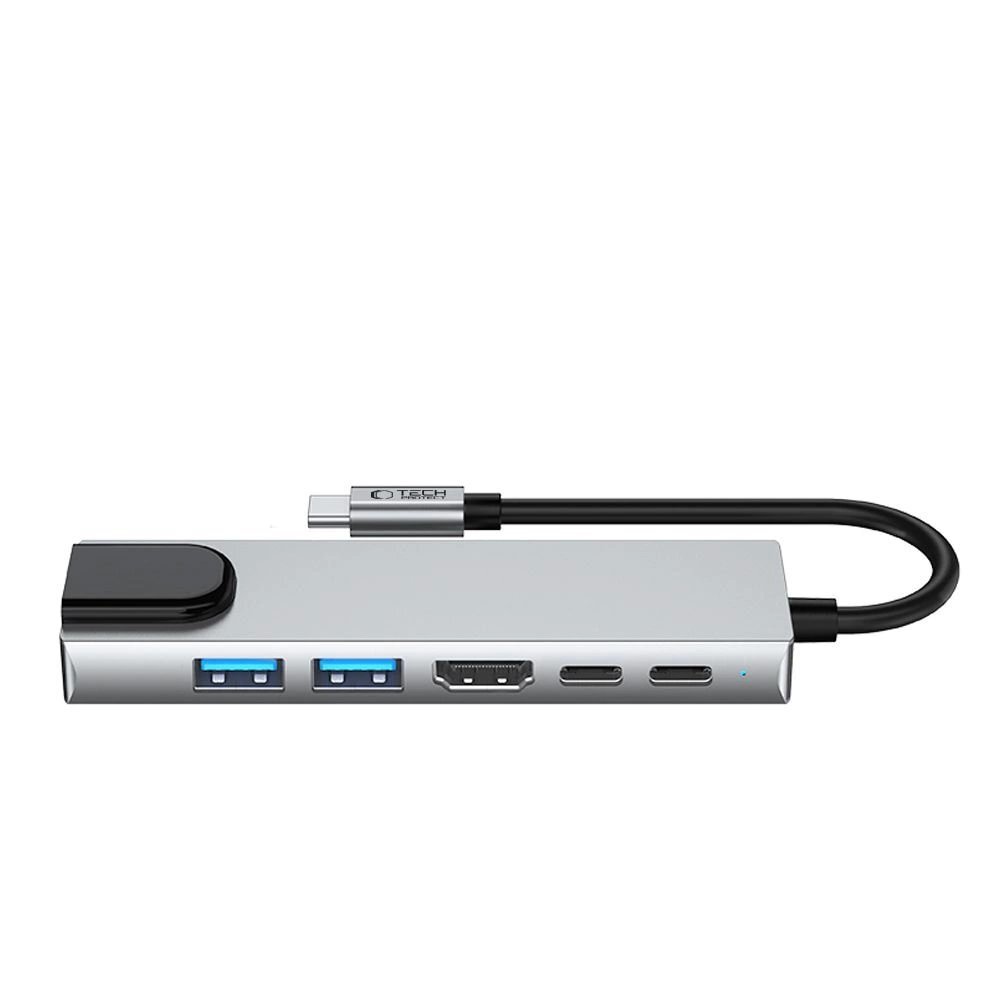 USB-C HUB adapteris Tech-Protect HB02 6in1 (USB2.0 + USB3.0 + HDMI 4K 30Hz + RJ45 + PD100W) – pilkas 2
