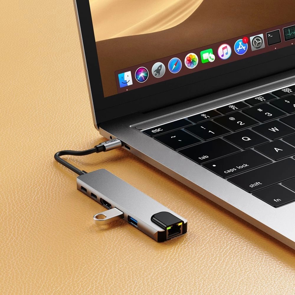 USB-C HUB adapteris Tech-Protect HB02 6in1 (USB2.0 + USB3.0 + HDMI 4K 30Hz + RJ45 + PD100W) – pilkas 6