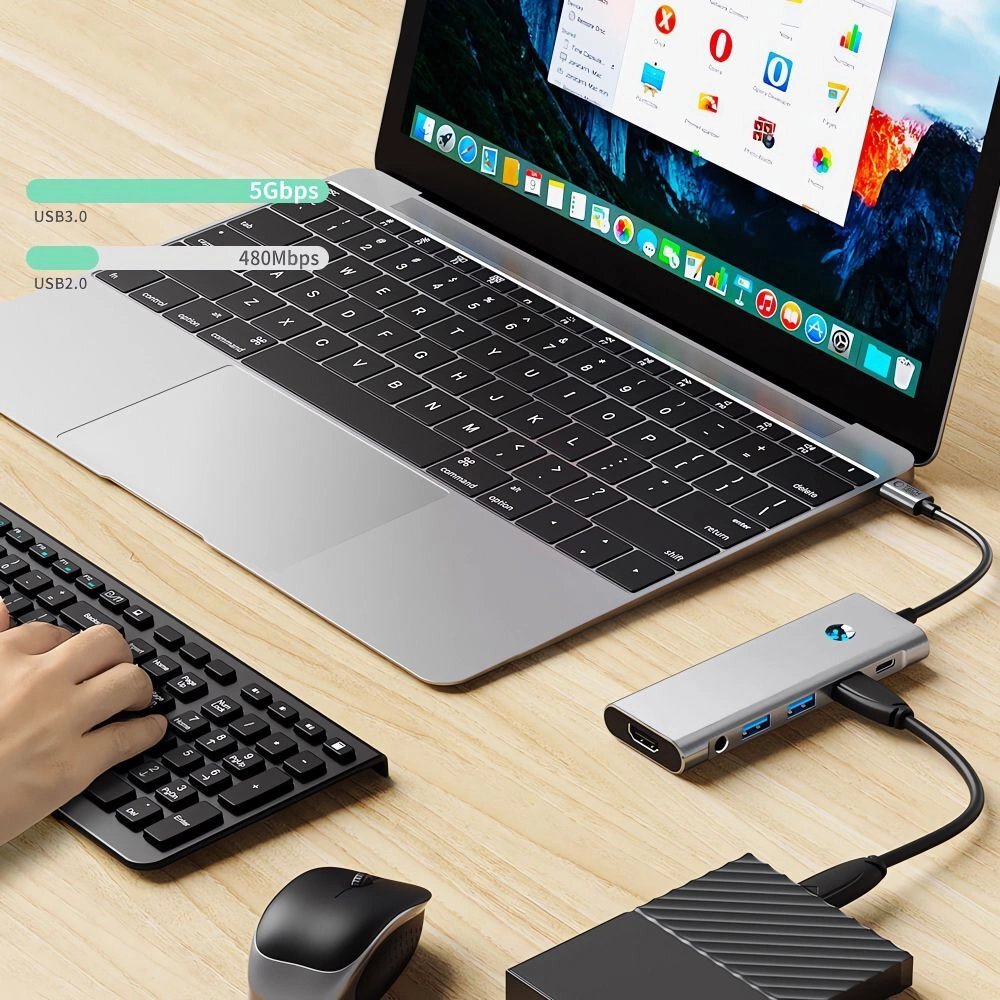 USB-C HUB adapteris Tech-Protect HB04 9in1 (USB2.0 + USB3.0 + HDMI 4K 60Hz + SD / TF + PD100W + AV3.5) – pilkas 7 USB-C HUB adapteris Tech-Protect HB04 9in1 (USB2.0 + USB3.0 + HDMI 4K 60Hz + SD / TF + PD100W + AV3.5) – pilkas 7