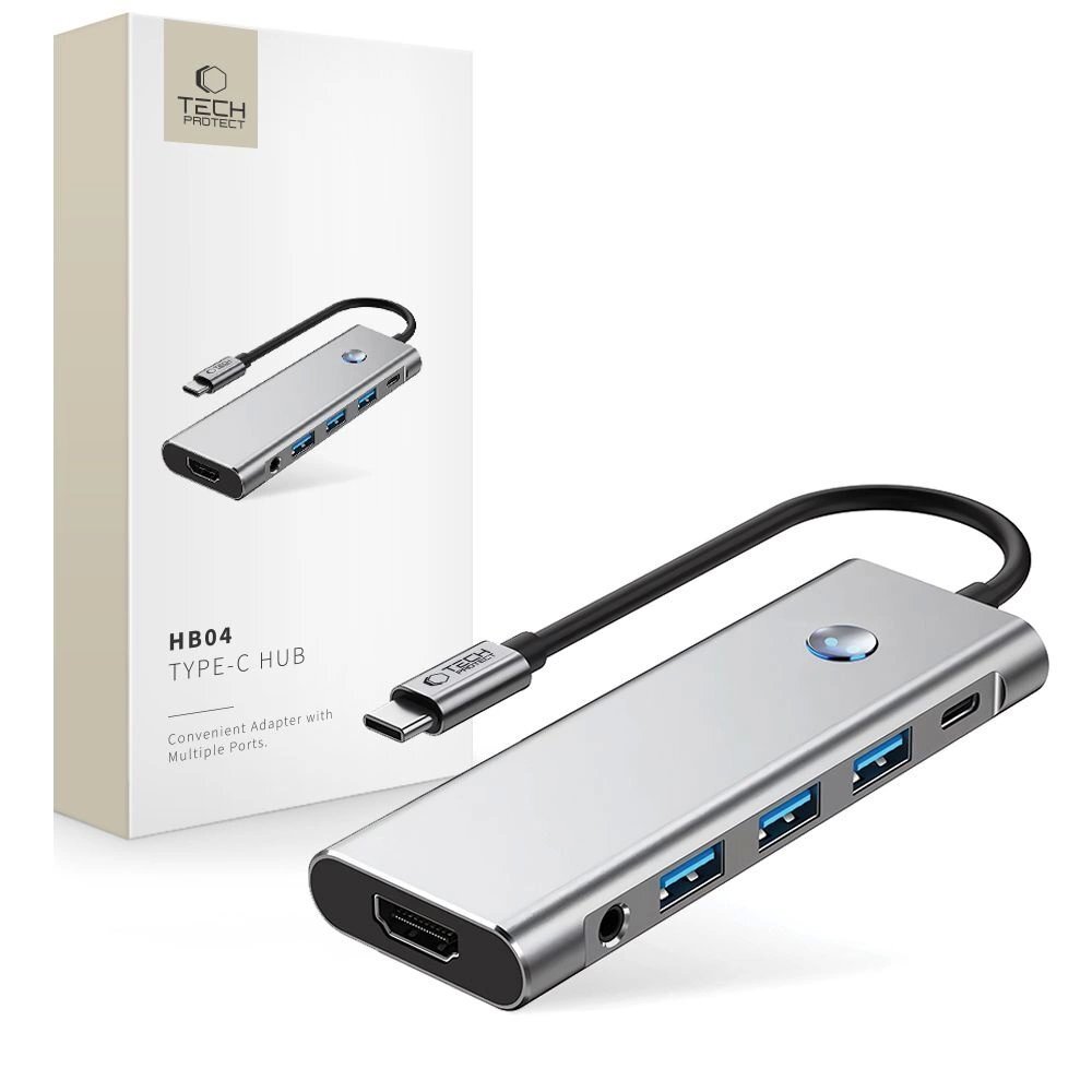 USB-C HUB adapteris Tech-Protect HB04 9in1 (USB2.0 + USB3.0 + HDMI 4K 60Hz + SD / TF + PD100W + AV3.5) – pilkas