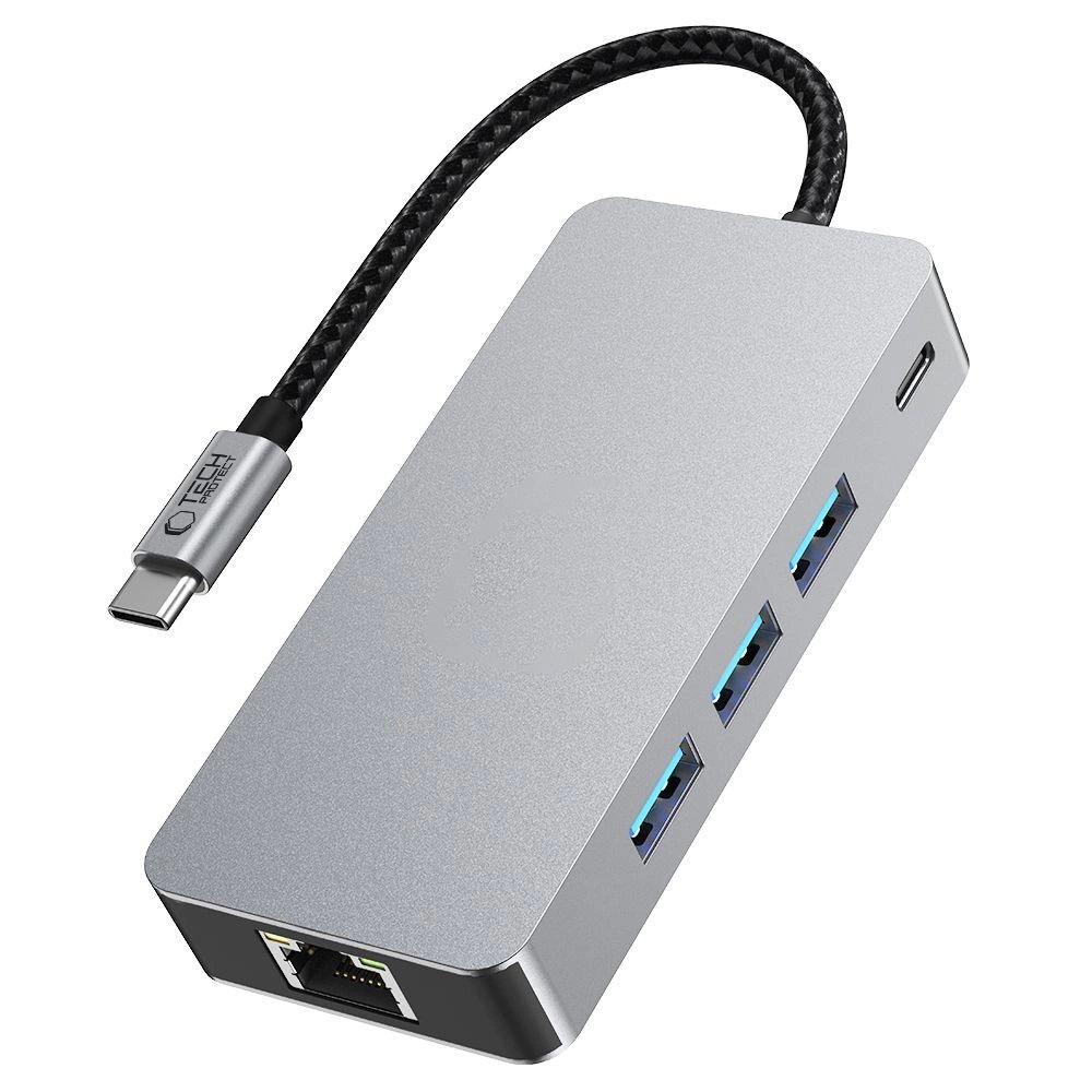 USB-C HUB adapteris Tech-Protect HB05 9in1 (USB2.0 + USB3.0 + HDMI 4K 60Hz + SD / TF + PD100W + RJ45) – pilkas 4