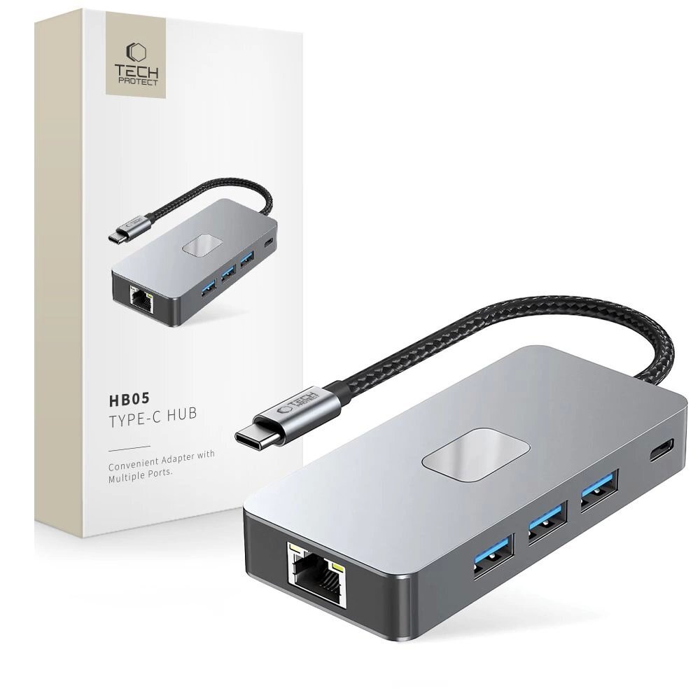 USB-C HUB adapteris Tech-Protect HB05 9in1 (USB2.0 + USB3.0 + HDMI 4K 60Hz + SD / TF + PD100W + RJ45) – pilkas USB-C HUB adapteris Tech-Protect HB05 9in1 (USB2.0 + USB3.0 + HDMI 4K 60Hz + SD / TF + PD100W + RJ45) – pilkas