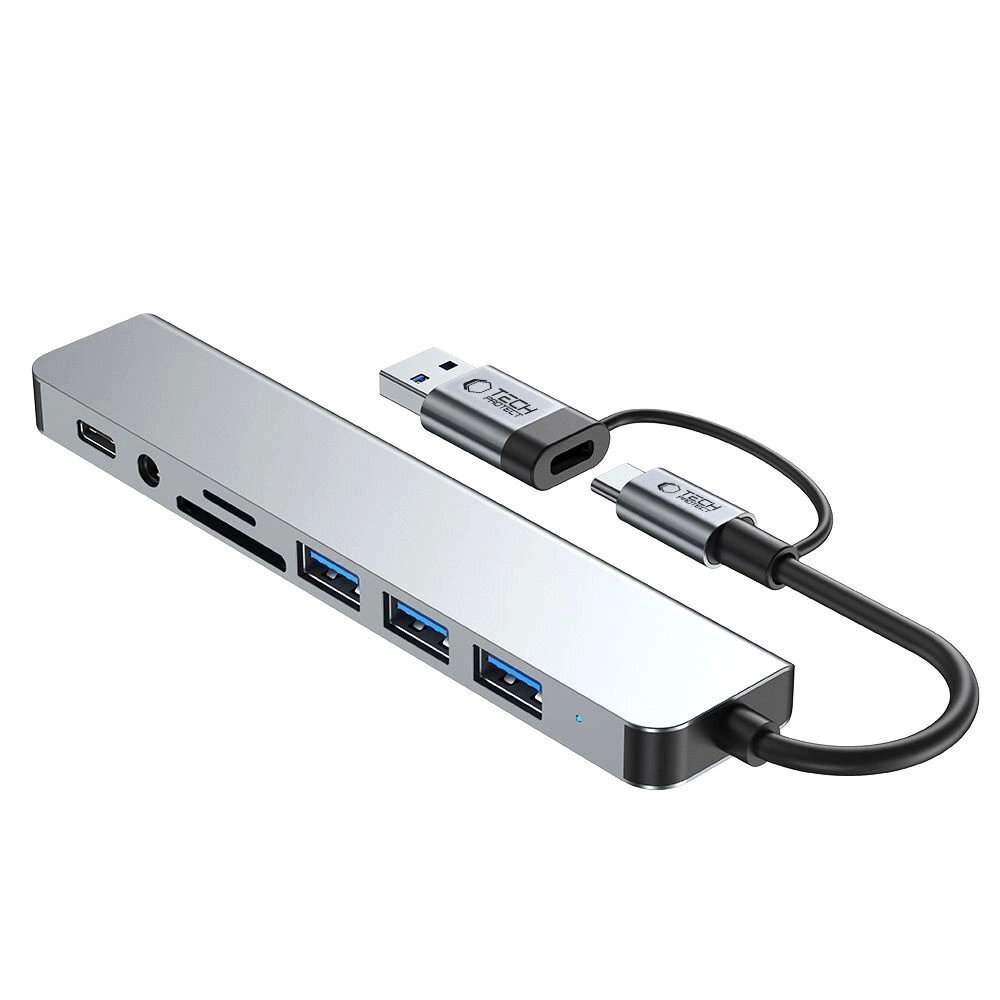 USB-C HUB adapteris Tech-Protect HB06 8in1 (TYPE-C + USB2.0 + USB3.0 + SD/TF + AV3.5) – pilkas 2