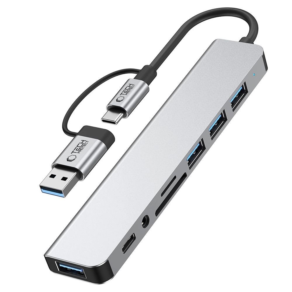 USB-C HUB adapteris Tech-Protect HB06 8in1 (TYPE-C + USB2.0 + USB3.0 + SD/TF + AV3.5) – pilkas 4
