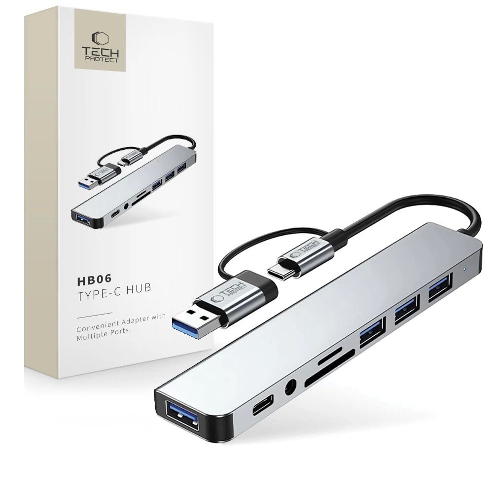 USB-C HUB adapteris Tech-Protect HB06 8in1 (TYPE-C + USB2.0 + USB3.0 + SD/TF + AV3.5) – pilkas USB-C HUB adapteris Tech-Protect HB06 8in1 (TYPE-C + USB2.0 + USB3.0 + SD/TF + AV3.5) – pilkas