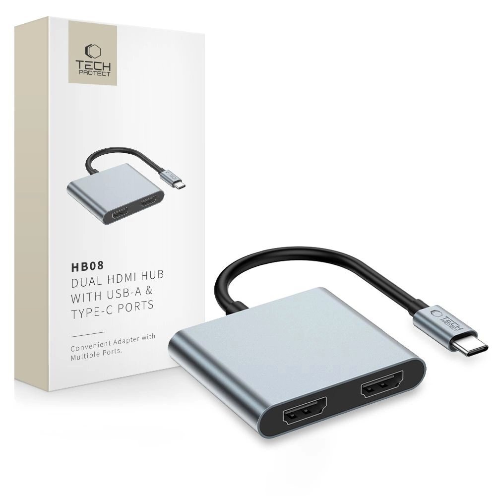 USB-C HUB adapteris Tech-Protect HB08 4in1 (USB2.0 + 2x HDMI 4K 60Hz) – pilkas USB-C HUB adapteris Tech-Protect HB08 4in1 (USB2.0 + 2x HDMI 4K 60Hz) – pilkas