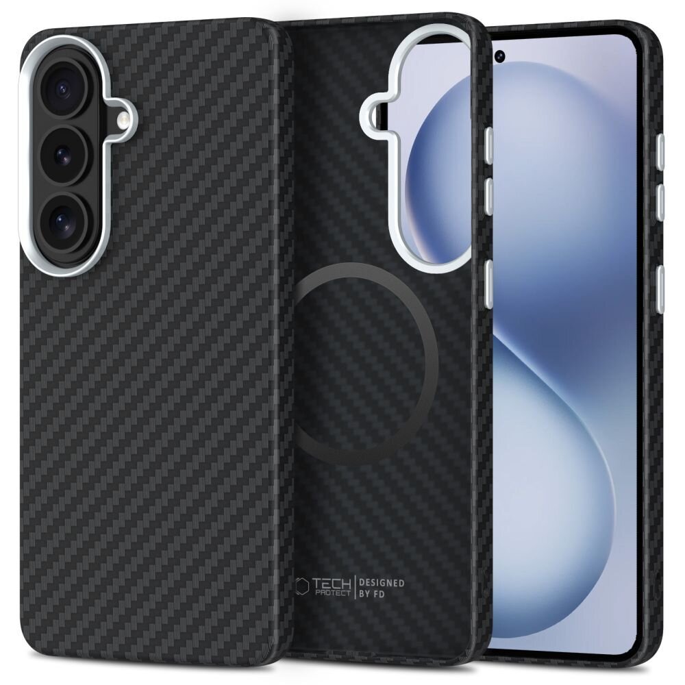 Samsung Galaxy S26 Tech-Protect Ion Carbon MagSafe dėklas – juodas ir sidabrinis