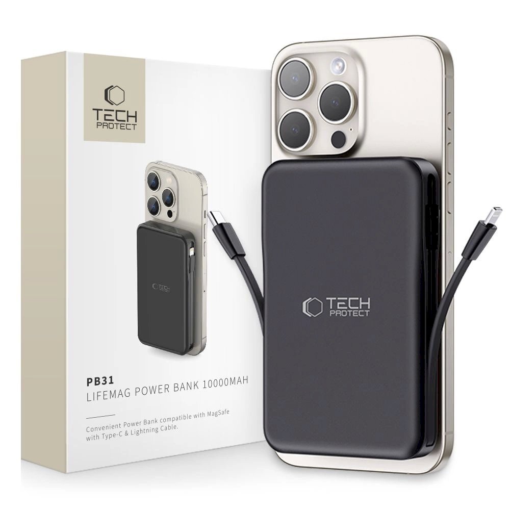 Tech-Protect LifeMag PB31 PowerbankMagSafe 10000mAh 15W USB-C / USB-A / built-in USB-C / Lightning Kabeliss - Juodas