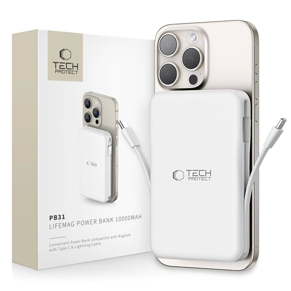 Tech-Protect LifeMag PB31 PowerbankMagSafe 10000mAh 15W USB-C / USB-A / built-in USB-C / Lightning Kabeliss - baltas Tech-Protect LifeMag PB31 PowerbankMagSafe 10000mAh 15W USB-C / USB-A / built-in USB-C / Lightning Kabeliss - baltas