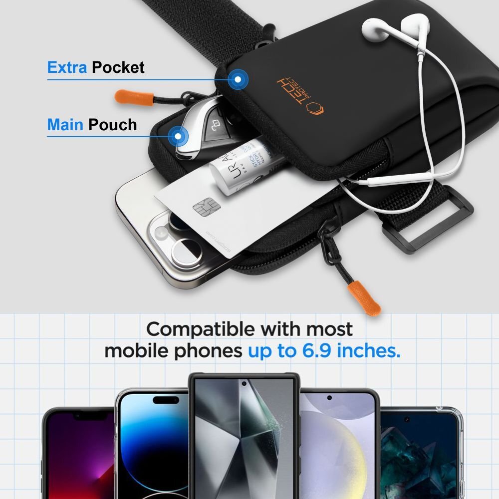 Universalus sportinis dėklas Tech-Protect M7 Armband – juodas ir oranžinis 9