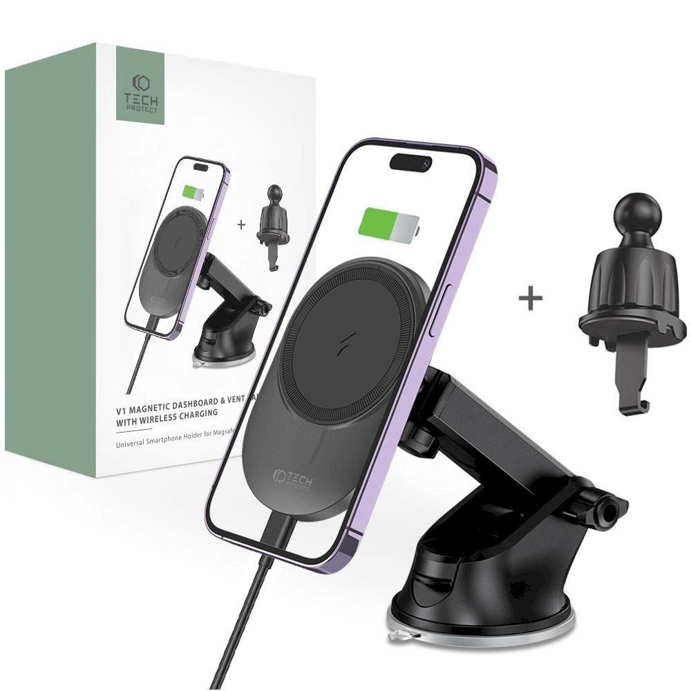 Tech-Protect MM15W-V1 car Telfono laikiklis MagSafe 15W inductive Įkroviklis cockpit / air vent - Juodas Tech-Protect MM15W-V1 car Telfono laikiklis MagSafe 15W inductive Įkroviklis cockpit / air vent - Juodas