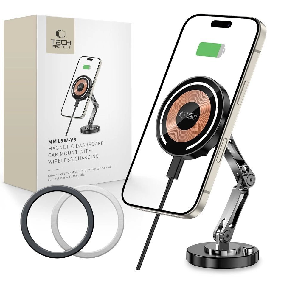 Automobilinis laikiklis Tech-Protect MM15W-V8 magnetinis MagSafe 15W prietaisų skydeliui – juodas