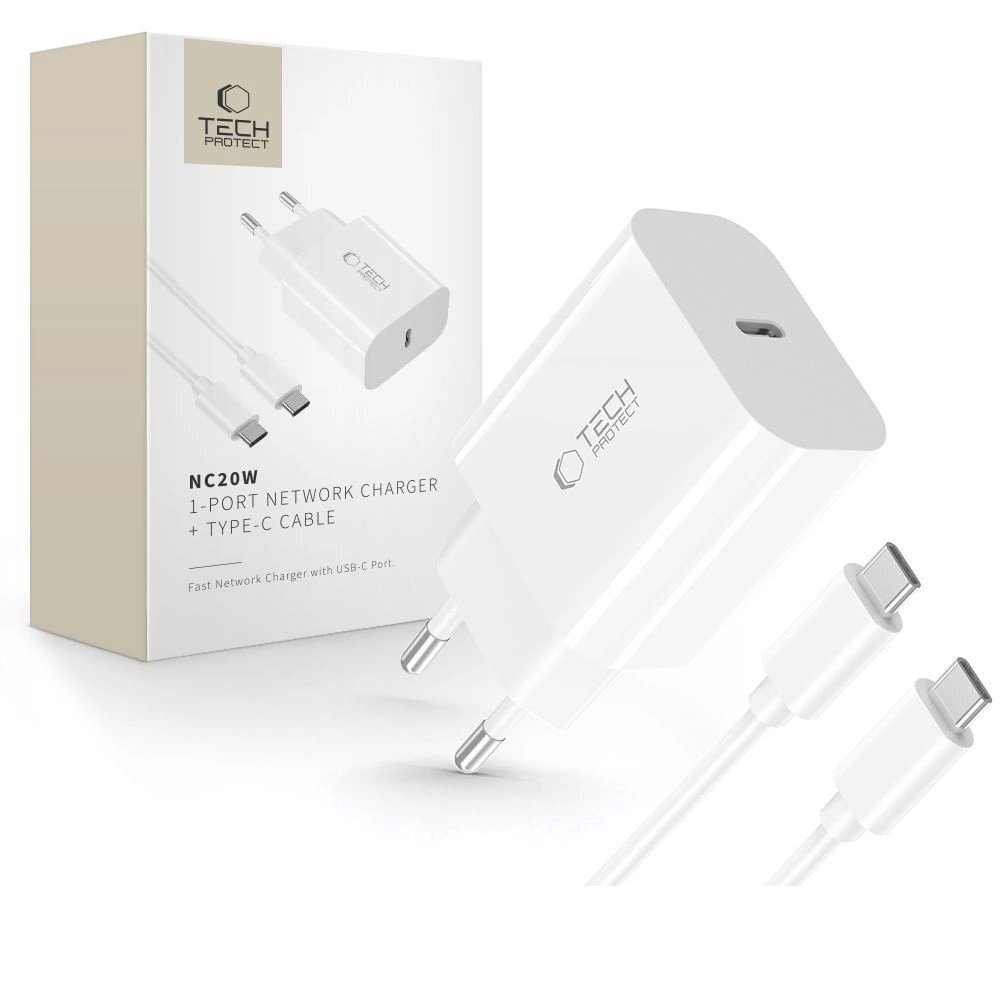 Sieninis įkroviklis Tech-Protect NC20W PD20W USB-C su USB-C laidu – baltas Sieninis įkroviklis Tech-Protect NC20W PD20W USB-C su USB-C laidu – baltas