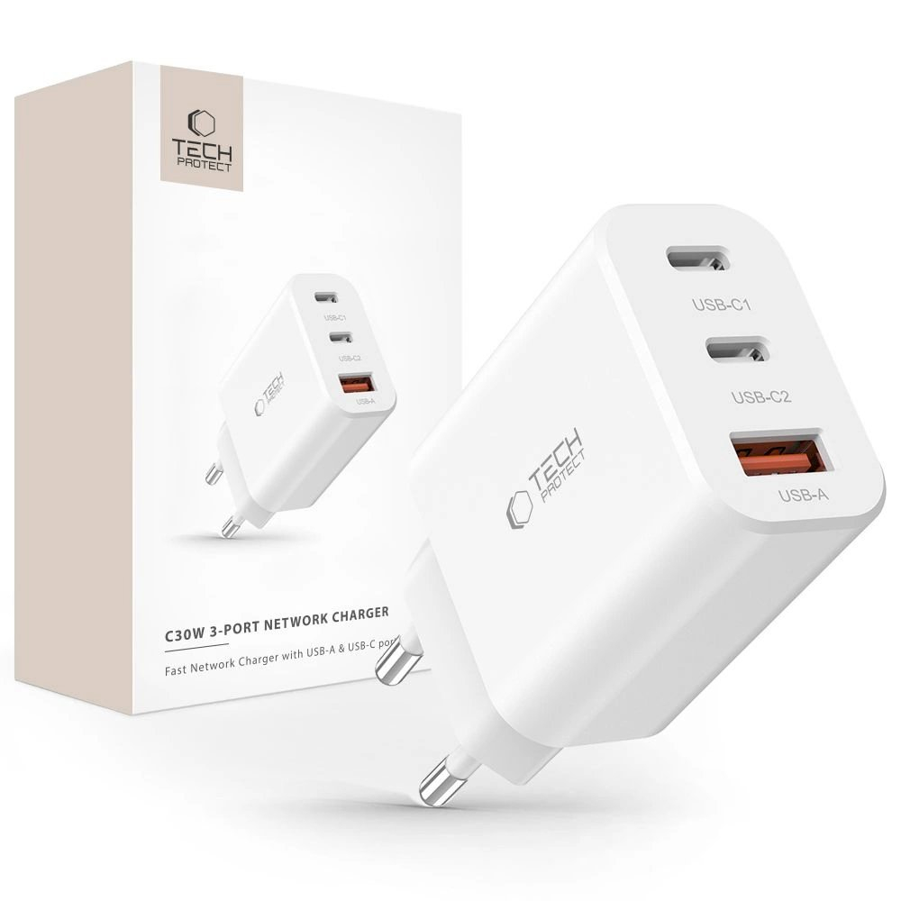 Tech-Protect NC30W network Įkroviklis 2x USB-C PD 30W / USB-A QC 3.0 - baltas Tech-Protect NC30W network Įkroviklis 2x USB-C PD 30W / USB-A QC 3.0 - baltas