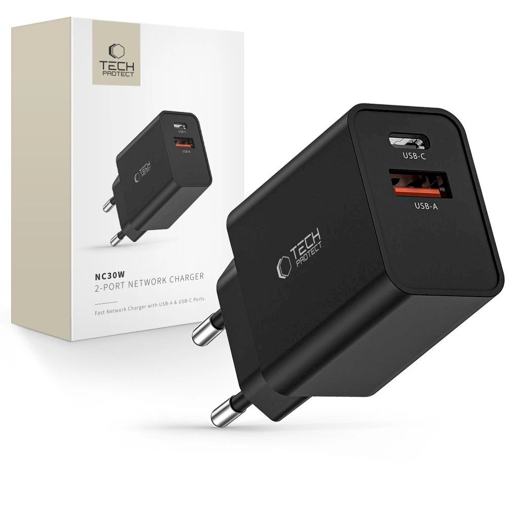 Tech-Protect NC30W USB-C PD 30W / USB-A QC 3.0 network Įkroviklis - Juodas Tech-Protect NC30W USB-C PD 30W / USB-A QC 3.0 network Įkroviklis - Juodas