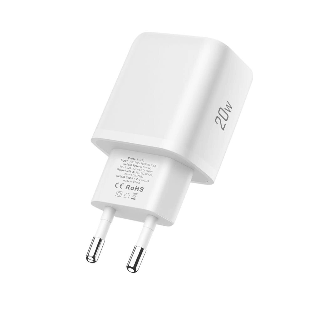 Sieninis įkroviklis Tech-Protect NCA20 PD 20W / QC3.0 USB-A / USB-C – baltas 2 Sieninis įkroviklis Tech-Protect NCA20 PD 20W / QC3.0 USB-A / USB-C – baltas 2