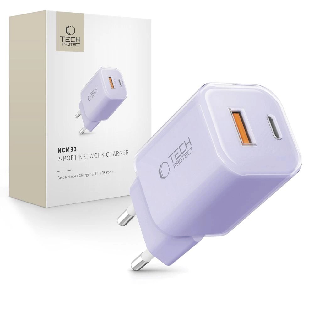 Sieninis įkroviklis Tech-Protect NCM33 PD 33W QC3.0 USB-C / USB-C – violetinis Sieninis įkroviklis Tech-Protect NCM33 PD 33W QC3.0 USB-C / USB-C – violetinis