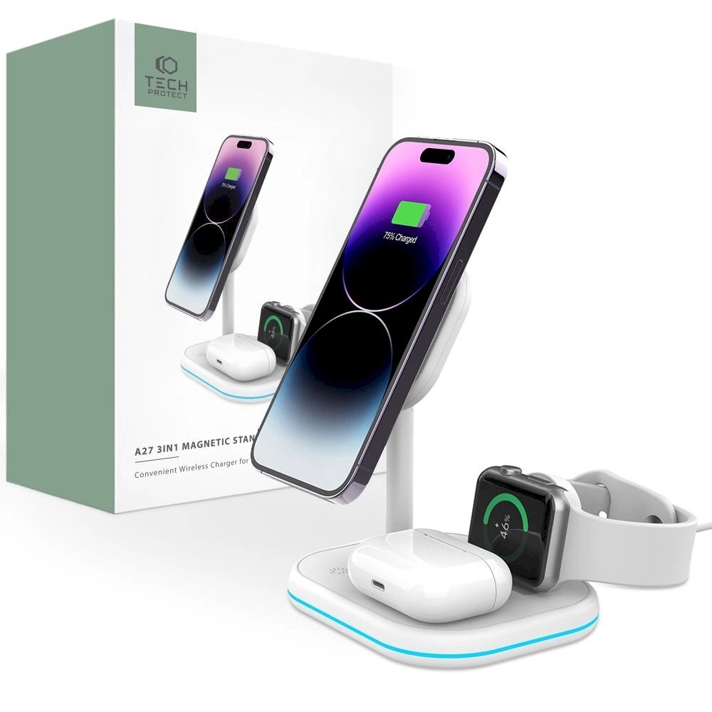 Tech-Protect QI15W-A27 3in1 inductive Įkroviklis standMagSafe smartphone / Apple Watch / AirPods - baltas Tech-Protect QI15W-A27 3in1 inductive Įkroviklis standMagSafe smartphone / Apple Watch / AirPods - baltas
