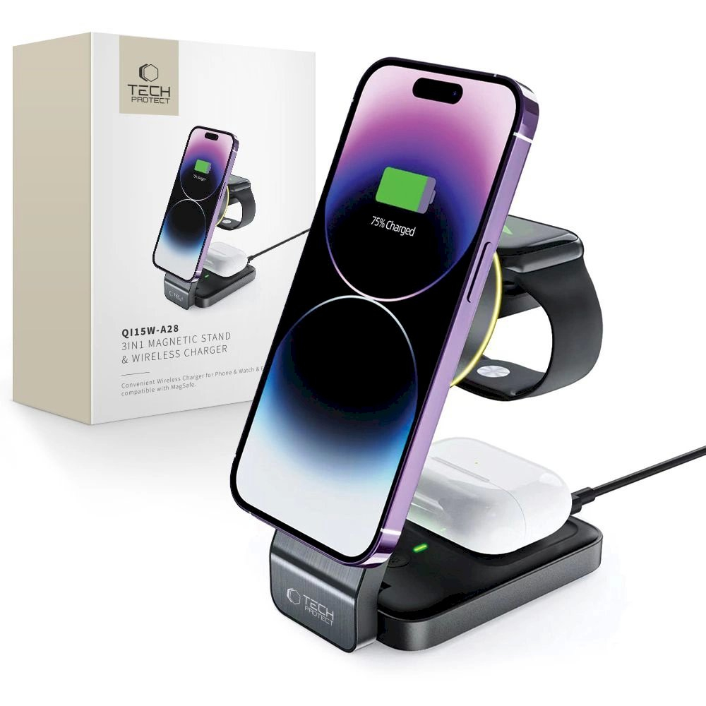 Tech-Protect QI15W-A28 inductive MagSafe 3in1 Įkroviklis stand smartphone / Apple Watch / AirPods - Juodas Tech-Protect QI15W-A28 inductive MagSafe 3in1 Įkroviklis stand smartphone / Apple Watch / AirPods - Juodas