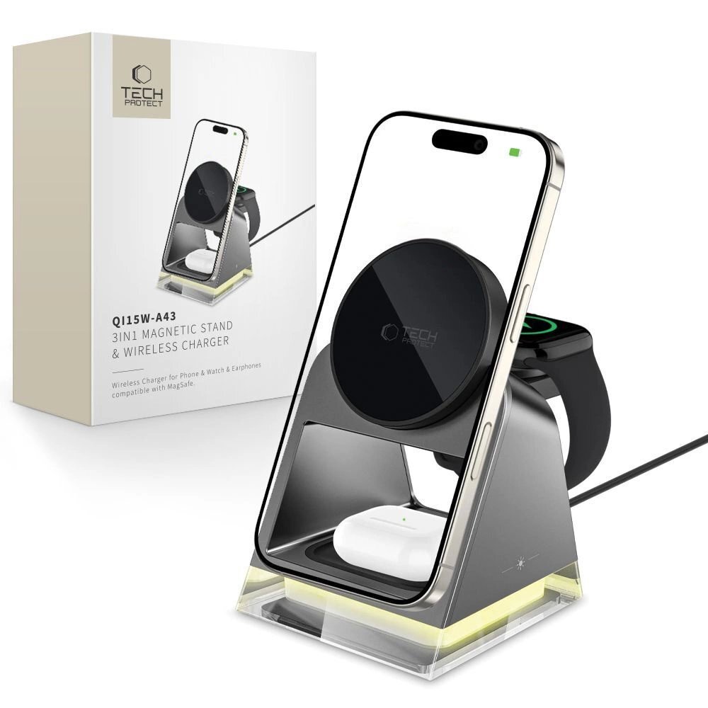 Belaidis įkroviklis Tech-Protect QI15W-A43 3in1 su MagSafe Apple įrenginiams – juodas Belaidis įkroviklis Tech-Protect QI15W-A43 3in1 su MagSafe Apple įrenginiams – juodas