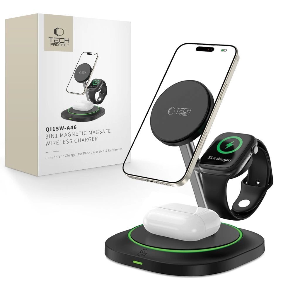 Belaidis įkroviklis Tech-Protect QI15W-A46 3in1 magnetinis indukcinis su MagSafe – juodas Belaidis įkroviklis Tech-Protect QI15W-A46 3in1 magnetinis indukcinis su MagSafe – juodas
