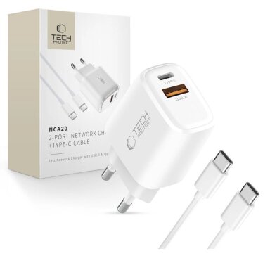 Sieninis įkroviklis Tech-Protect NCA20 PD 20W / QC3.0 USB-A / USB-C + USB-C / USB-C laidas 100 cm – baltas