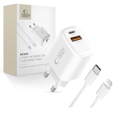 Sieninis įkroviklis Tech-Protect NCA30 PD 30W / QC3.0 USB-A / USB-C + USB-C / Lightning laidas 100 cm – baltas