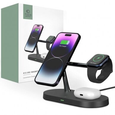 Tech-Protect A12 3in1 MagSafe inductive Įkroviklis smartphone / Ausinės / smartwatch - Juodas Tech-Protect A12 3in1 MagSafe inductive Įkroviklis smartphone / Ausinės / smartwatch - Juodas