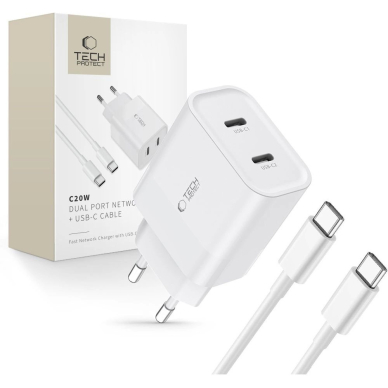 Tech-Protect C20W 2x USB-C PD 20W network Įkroviklis USB-C / USB-C Kabelis - baltas Tech-Protect C20W 2x USB-C PD 20W network Įkroviklis USB-C / USB-C Kabelis - baltas