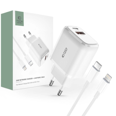 Tech-Protect C20W USB-C PD 20W / USB-A QC 3.0 network Įkroviklis USB-C / Lightning Kabelis - baltas Tech-Protect C20W USB-C PD 20W / USB-A QC 3.0 network Įkroviklis USB-C / Lightning Kabelis - baltas