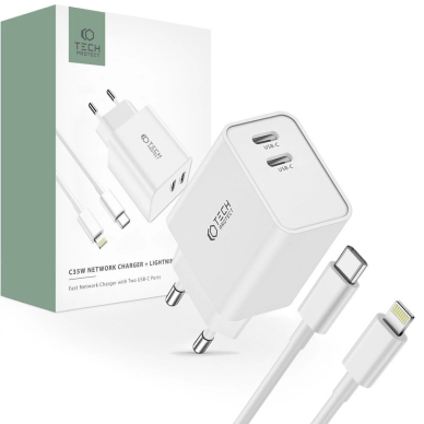 Tech-Protect C35W 2x USB-C PD 35W network Įkroviklis USB-C / Lightning Kabelis - baltas Tech-Protect C35W 2x USB-C PD 35W network Įkroviklis USB-C / Lightning Kabelis - baltas