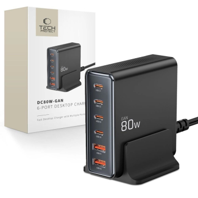 Tech-Protect DC80W-GAN 6-port PD80W / QC3.0 įkrovimo stotelė – juodas