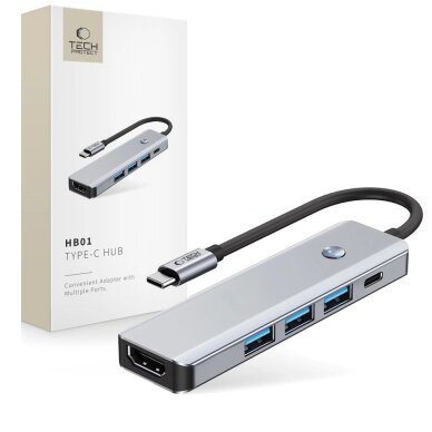 USB-C HUB adapteris Tech-Protect HB01 5in1 (USB3.0 + HDMI 4K 60Hz + PD100W) – pilkas