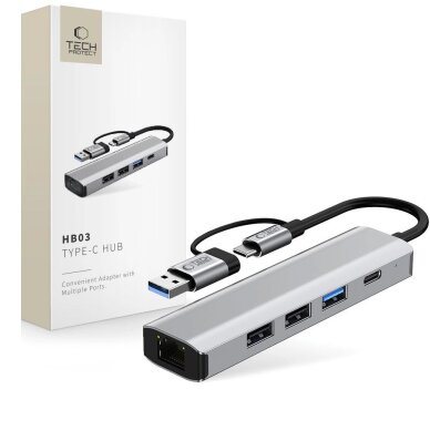 USB-C HUB adapteris Tech-Protect HB03 5in1 (USB2.0 + USB3.0 + RJ45) – pilkas USB-C HUB adapteris Tech-Protect HB03 5in1 (USB2.0 + USB3.0 + RJ45) – pilkas
