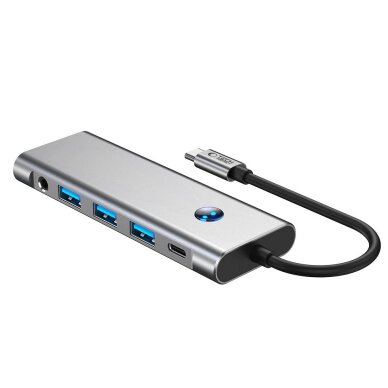 USB-C HUB adapteris Tech-Protect HB04 9in1 (USB2.0 + USB3.0 + HDMI 4K 60Hz + SD / TF + PD100W + AV3.5) – pilkas 2