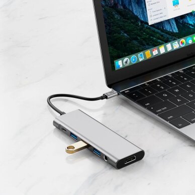 USB-C HUB adapteris Tech-Protect HB04 9in1 (USB2.0 + USB3.0 + HDMI 4K 60Hz + SD / TF + PD100W + AV3.5) – pilkas 6 USB-C HUB adapteris Tech-Protect HB04 9in1 (USB2.0 + USB3.0 + HDMI 4K 60Hz + SD / TF + PD100W + AV3.5) – pilkas 6