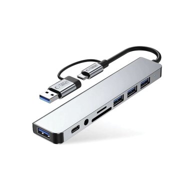 USB-C HUB adapteris Tech-Protect HB06 8in1 (TYPE-C + USB2.0 + USB3.0 + SD/TF + AV3.5) – pilkas 1