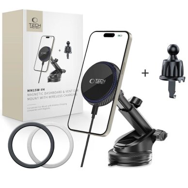 Automobilinis laikiklis Tech-Protect MM15W-V4 magnetinis MagSafe 15W prietaisų skydeliui / stiklui / vėdinimo angai – juodas