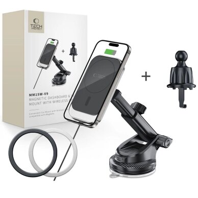 Automobilinis laikiklis Tech-Protect MM15W-V9 su MagSafe prietaisų skydeliui ir vėdinimo angai 15W – juodas Automobilinis laikiklis Tech-Protect MM15W-V9 su MagSafe prietaisų skydeliui ir vėdinimo angai 15W – juodas