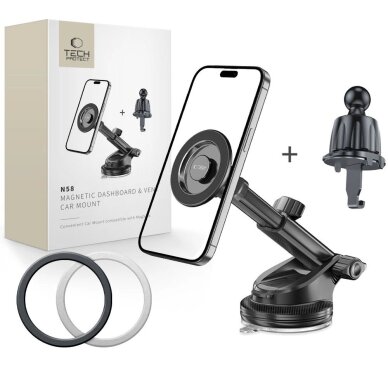 Automobilinis laikiklis Tech-Protect N58 magnetinis su MagSafe prietaisų skydeliui, stiklui ar vėdinimo angai – juodas